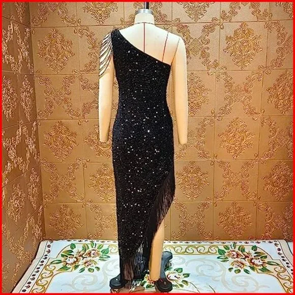 Sequin Mermaid Formal Dress One Shoulder Tassels Polyester Spandex Midi - Picture 6 of 7
